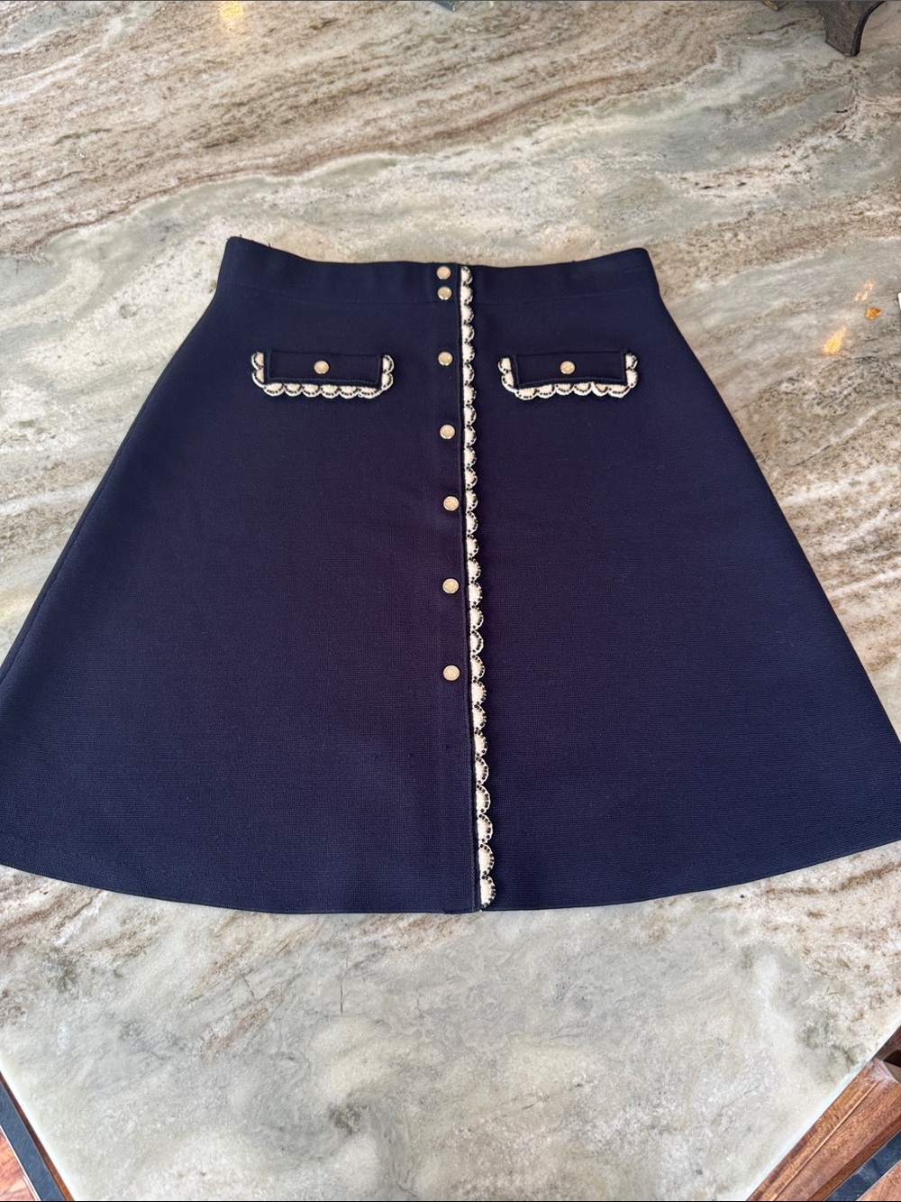 Gorgeous Sandro Navy knit A-Line Skirt with Gold Button & Scallop Trim